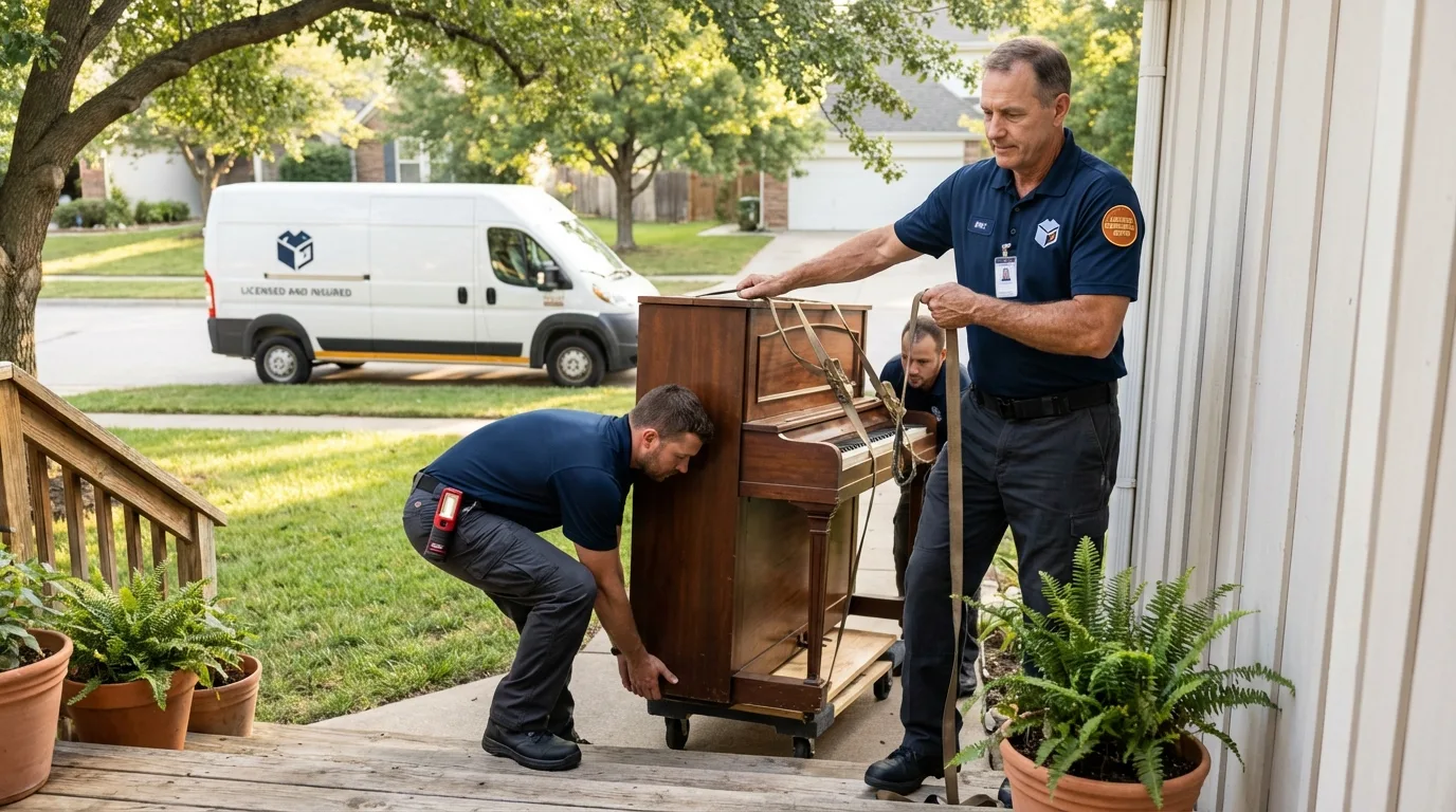 Licensed piano movers securing grand piano in Calimesa, CA