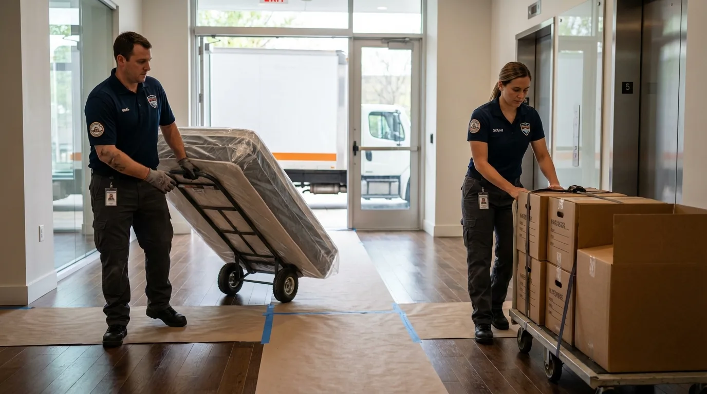 Professional apartment movers loading elevator in Calimesa, CA