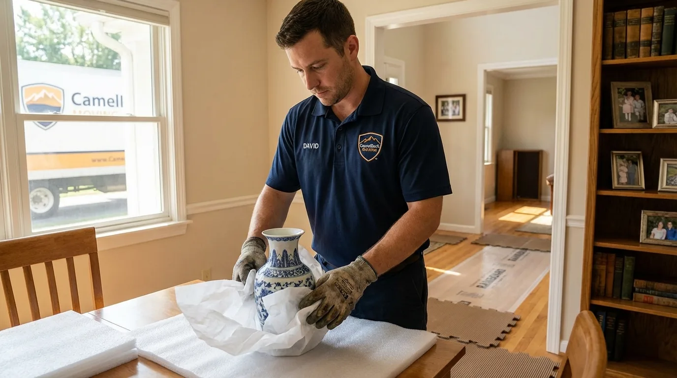 Professional crew carefully wrapping antique vase for senior downsizing move in Calimesa, CA